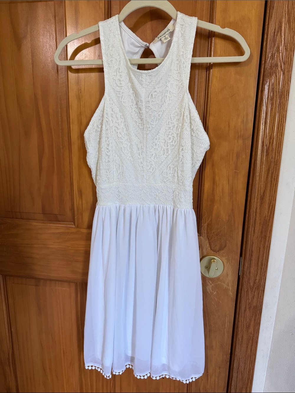 Francesca's Collections White Lace Halter Dress with Pom Trim